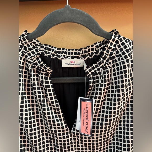 Vineyard Vines Harbor Grid Print Black and White Flutter Sleeve Dress Size Small - Picture 2 of 7
